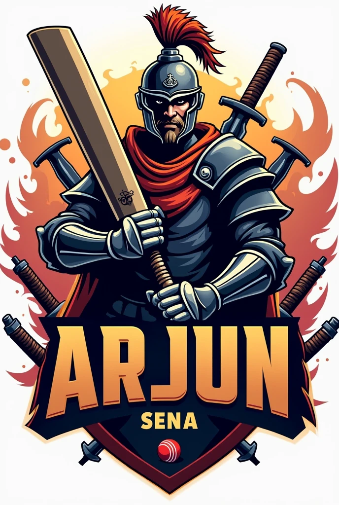 Create cricket team logo where team name is “Arjun Sena” using cricket equipment and war equipment 