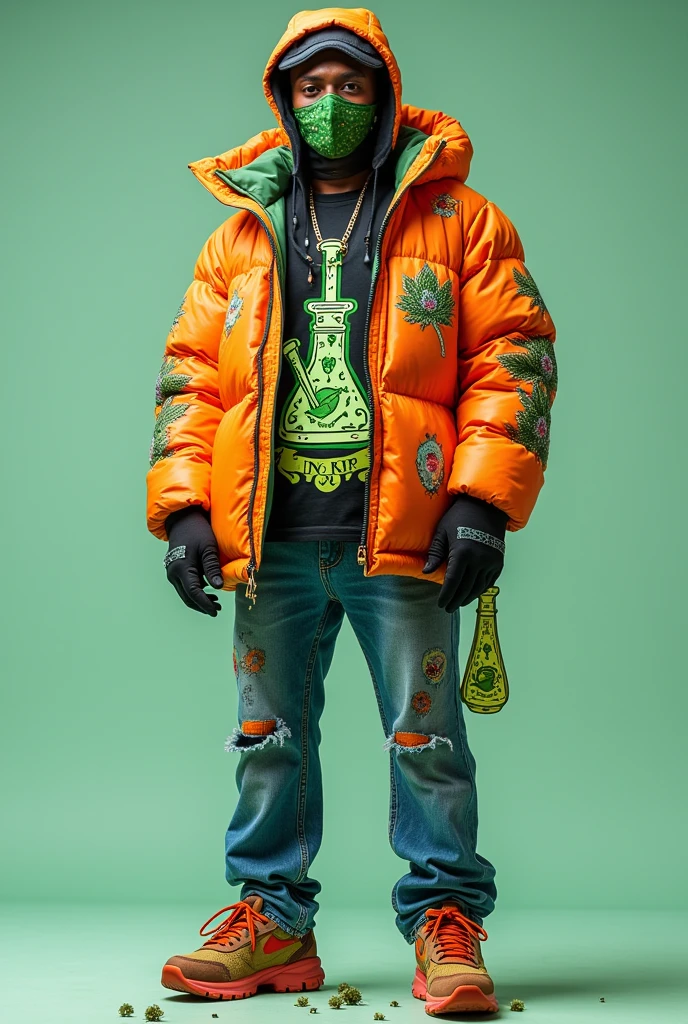 design a 3d puff coat with vibrant stoner clothes. the middle of the puff coat is a anti-gravity bong character with indica floating inside. design matching jeans and t-shirt for the hoodie. design a matching skimask, and create stylish shoes to fit the theme. taylor this to the african american community
