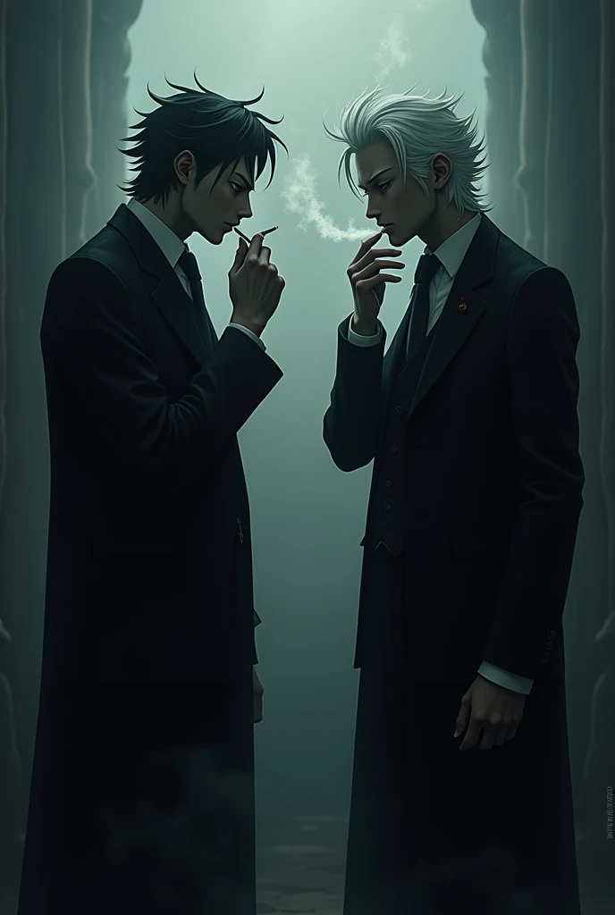 Ryomen Sukuna et gojo satoru ensemble entrain de fumer en costume
