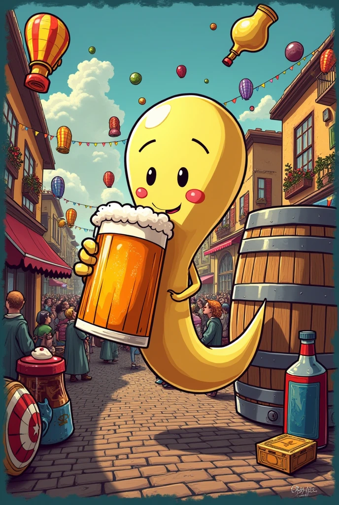 (beer label)(Bare-colored drinking a mug of beer)(text BEODOS)(patron saint festivities) (keg of beer) (marvel)