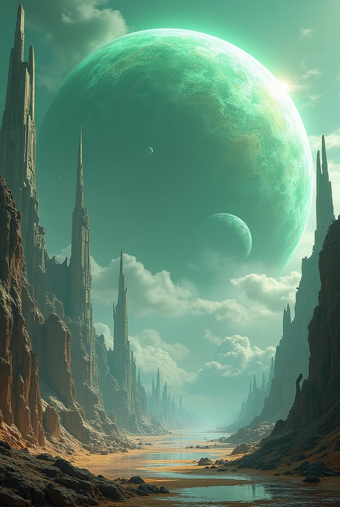 close-up of a futuristic landscape with a giant planet in the background, Highly detailed 4K digital art, stunning artwork in 8k, Epic fantasy sci-fi illustration, fractal thunder dan mumford, Epic fairytale fantasy landscape, Detailed 4k digital art, sci-fi digital art illustration, 8K HD Wallpapers Digital Art, Fantastic Planet, Epic fantasy in digital art style, in acid green tones, 16:10