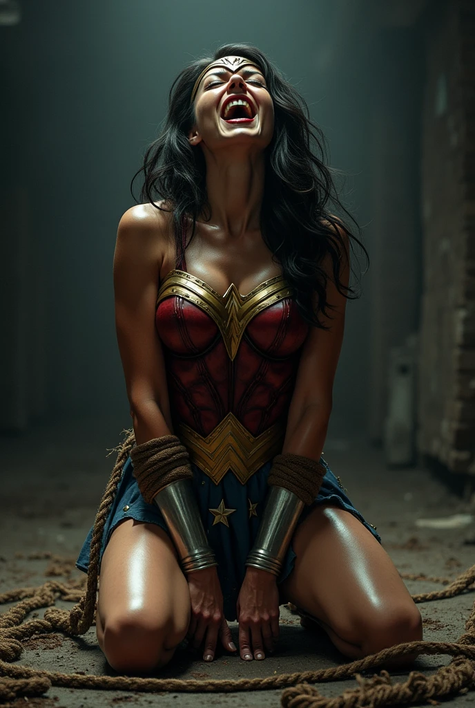 wonder woman , on her knees, fullbody! Expression of fear, expression of despair, terrified. Bondage, submission, tied with ropes. screaming in pain, suffering a lot, destroyed, HUMILIATED, captured