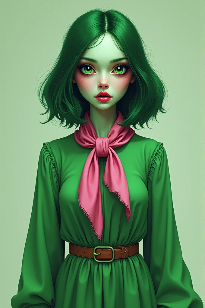 disgustSDXL,1girl,green eyes,green hair,green dress,green skin,belt,pink kerchief,cowboy shot,pink lips