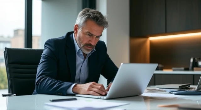 man looking at documents and a laptop next to him
