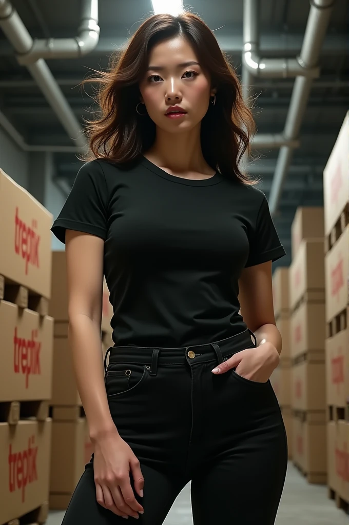 A full-body portrait shot of a Japanese woman with a muscular build and a slightly fat yet toned side, standing confidently in a bunker-like basement. She is wearing a black half-sleeve round-neck t-shirt, as dark as Vantablack, emphasizing her strong arms and medium-to-large breasts. Her belly has visible muscle definition along with some fat. She pairs the t-shirt with tight black denim jeans. The camera angle is from the bottom up, capturing her entire body as if the shot was taken from her shoes, focusing on her as she folds her arms. She looks straight ahead with a cool, unwavering expression. Her dark brown, silky, and wavy hair flows freely in the breeze. The background is an industrial bunker setting with gas pipes in the upper left and right corners, leaking gases. The lower left and right corners are clean but stacked with boxes labeled "TREPTIK" in red letters.