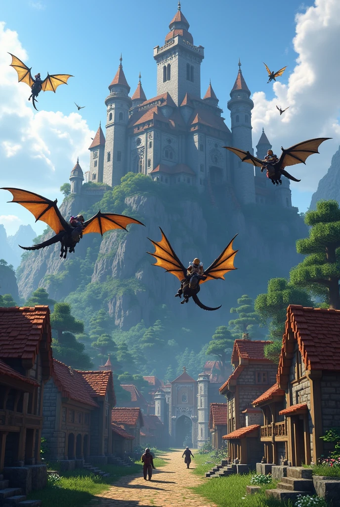 A group of players in a medieval village in a world with dragons as their currency and many other mythological creatures in minecraft in an epic adventure with an epic castle on the mountain with dragons surrounded by players riding dragons