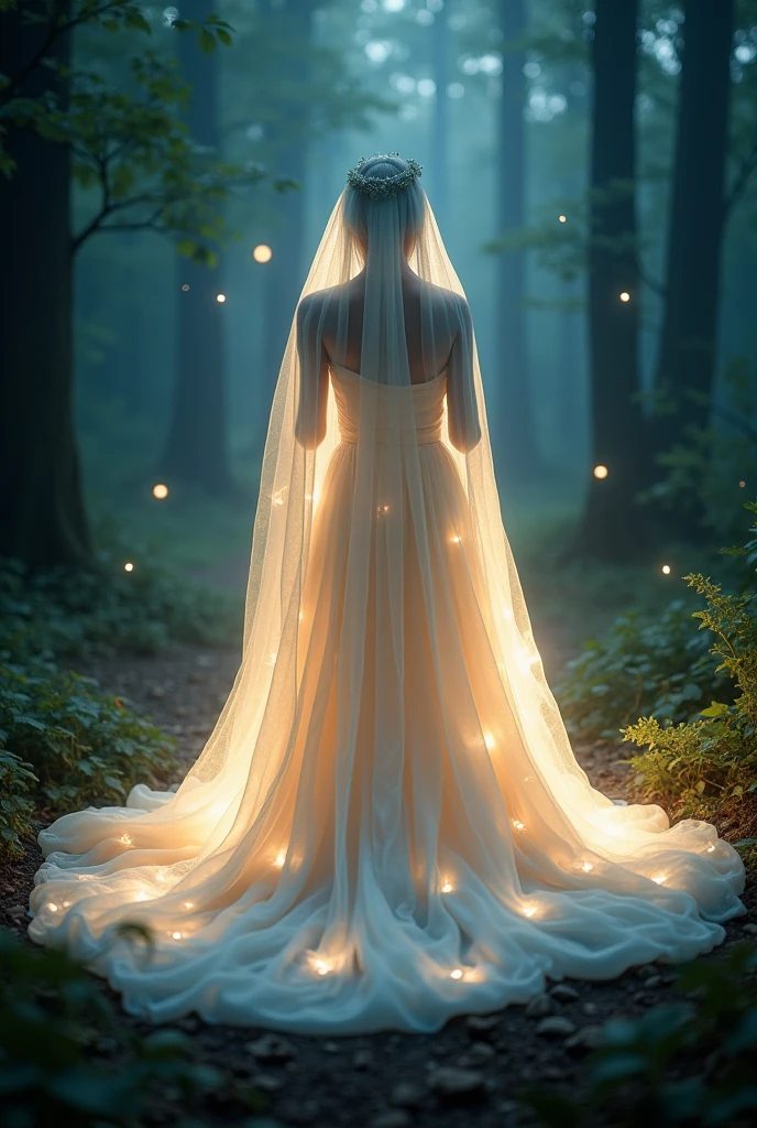 The surface of the Veil has a misty, almost liquid quality. It seems to waver like a flowing curtain of stardust, giving the impression that it is both solid and fluid. Tiny motes of light float around the Veil, enhancing its ethereal glow. The light emitted is soft and diffuse, creating a gentle, ambient illumination in the surrounding forest.