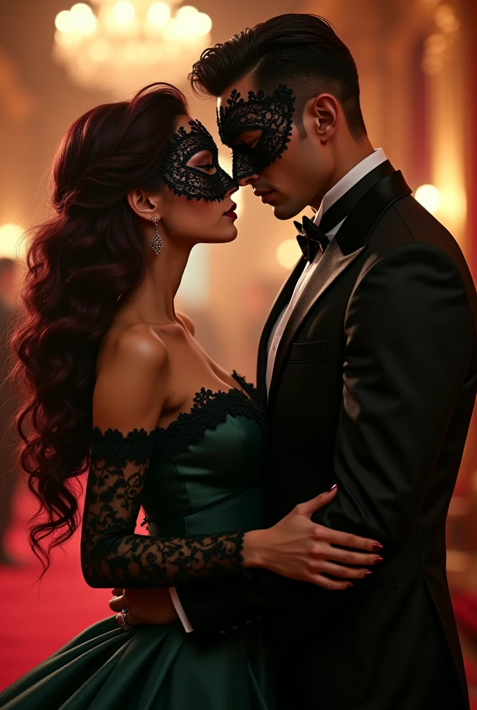 - A couple at a masquerade ball.
- The woman has wine-colored, almost black hair, dark shaped eyes, has a nice body, not too thin or too fat,loose hair with waves.wine nails and wears a dark emerald green dress with a black mask with lace.
- The man is tall, brawny, most marked face, with dark hair, blue eyes and wears a black suit with a wine colored mask.
- The scene must show them full body, looking at yourself, with the man presenting a darker aspect.
Wine-colored hair that is almost black and he doesn't have a beard