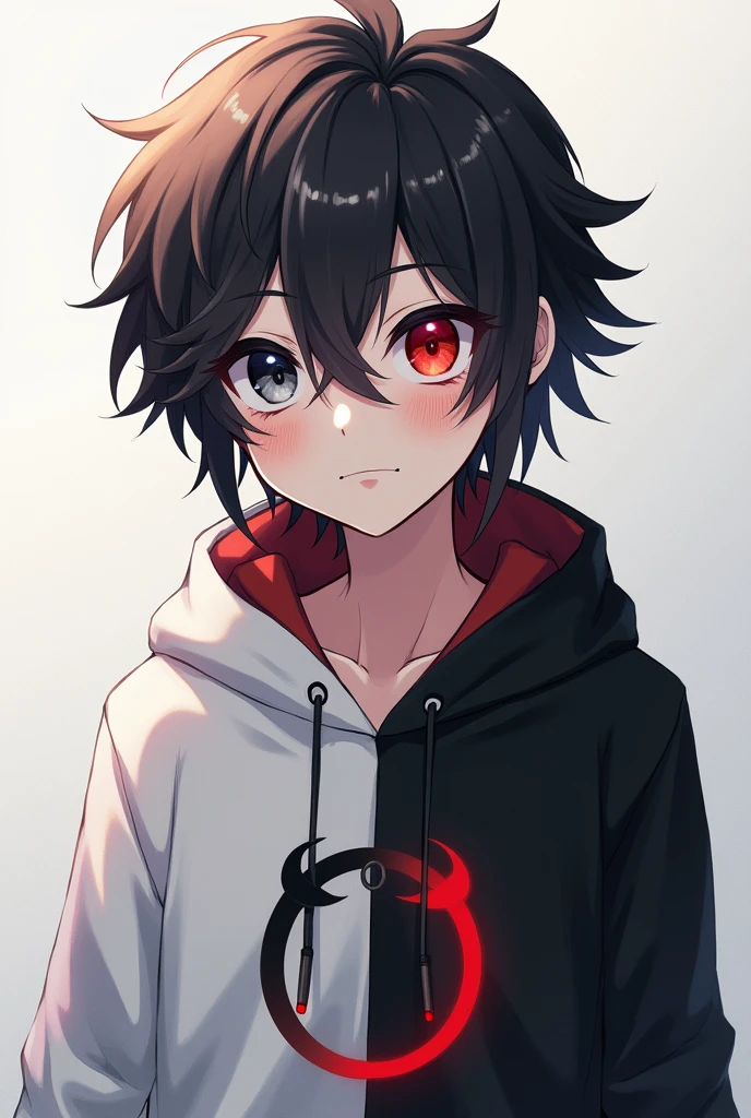 Anime boy, Wearing hoodie, Half of the hoodie is white while the other is black like a yin and yang. The eyes different from each other, the right is red like a demon eyes while the left is a human eye with color grey. It's hair is fluffy and a little straight.