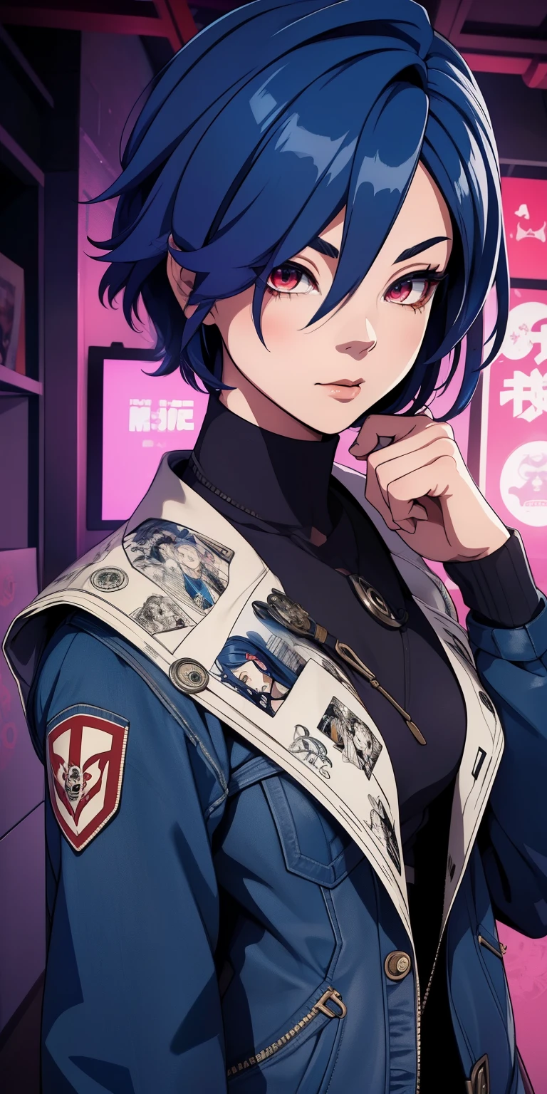 Masterpiece,detailed,High Resolutions:1.4) , Model photo, close, detailed face, fine and detailed eyes,, (Kirishima Touka),medium blue hair,ojo ghoul,retro jacket,Ghoul of Tokyo,Retrofuturistic background, vibrant colors, HDR,, ,