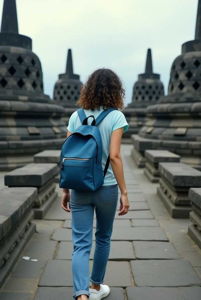 Backside European girl white skin With her shoulder-length curly hair dyed black hair slightly yellowish, With a light blue small sleeveless backpack and a light blue short sleeved t-shirt and jeans all over legs and white shoes walking around Borobudur tample