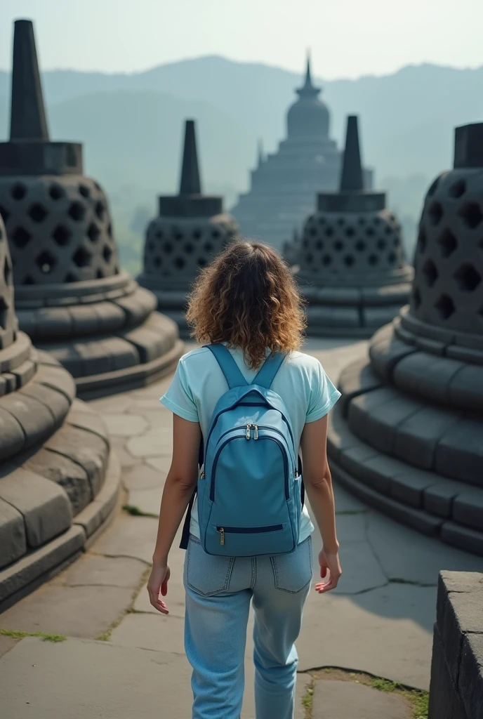 Backside European girl white skin With her shoulder-length curly hair dyed black hair slightly yellowish, With a light blue small sleeveless backpack and a light blue short sleeved t-shirt and jeans all over legs and white shoes walking around Borobudur tample
