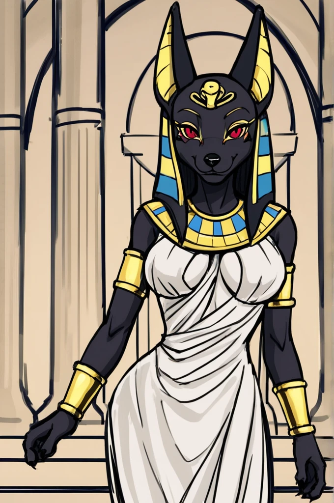 masterpiece, best quality, 1girl, anubis, red eyes, furry, smile, animal ears, gold bracelet, furry female, horny, white sexy dress, sketch, standing, egyptian temple background 