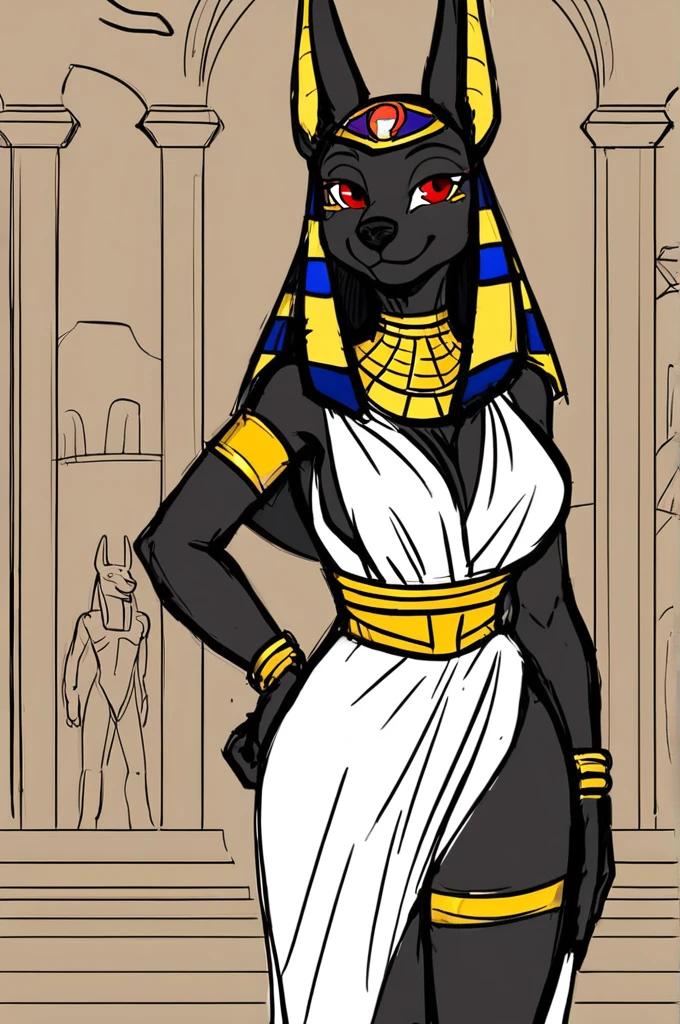 masterpiece, best quality, 1girl, anubis, red eyes, furry, smile, animal ears, gold bracelet, furry female, horny, white sexy dress, sketch, standing, egyptian temple background 