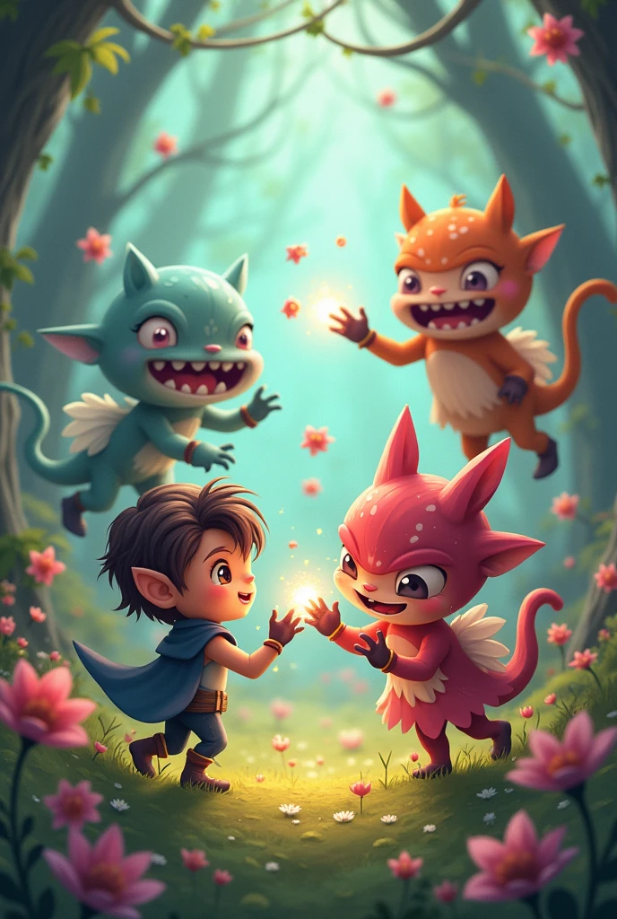 Cute little heroes quarrel with cute monsters