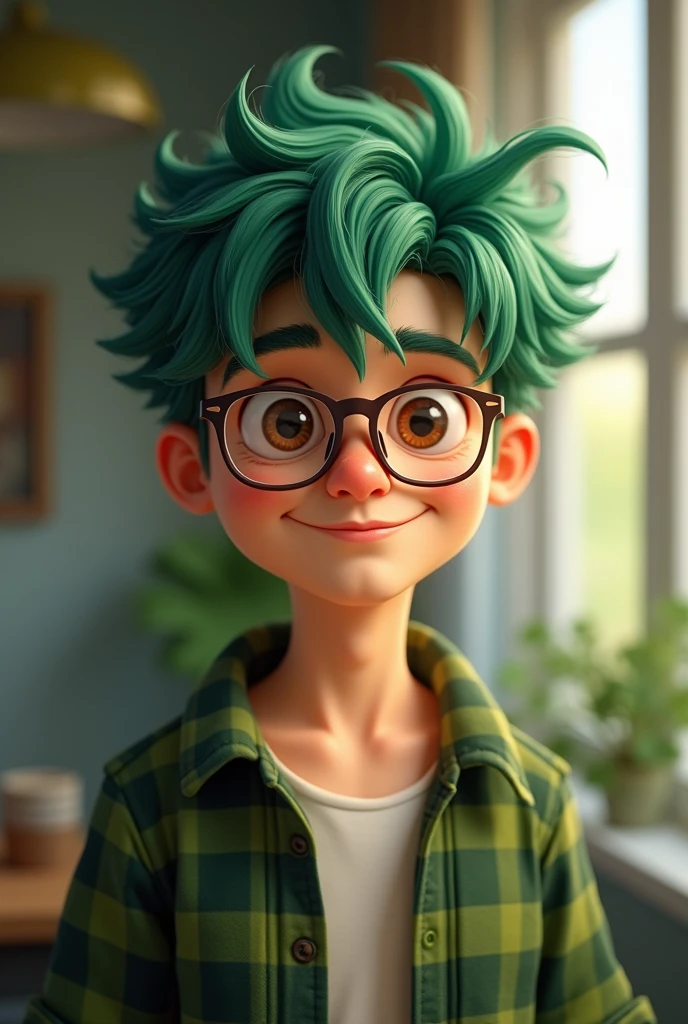 Young man with chubby face, and kind brown eyes with pale skin and messy green hair wearing  a green flannel shirt and glasses
