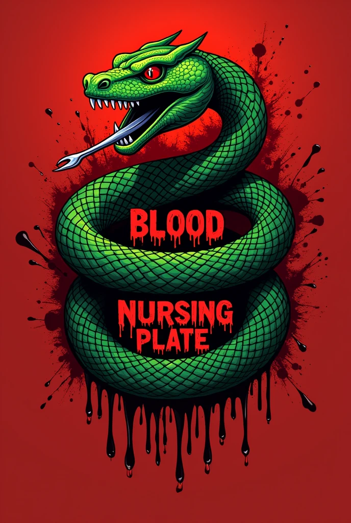 Logo for the bloodthirsty nursing plate with green snake and blood. with writing: Blood Nursing Plate