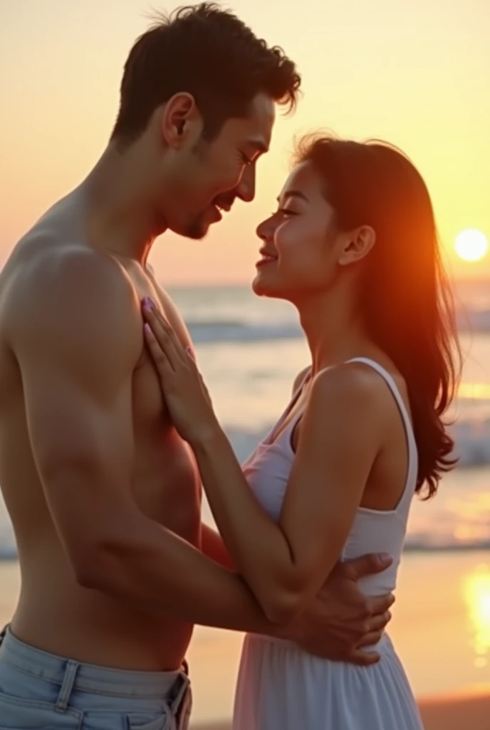 A Korean man squeezes a Korean girl's breasts on the beach at sunset.