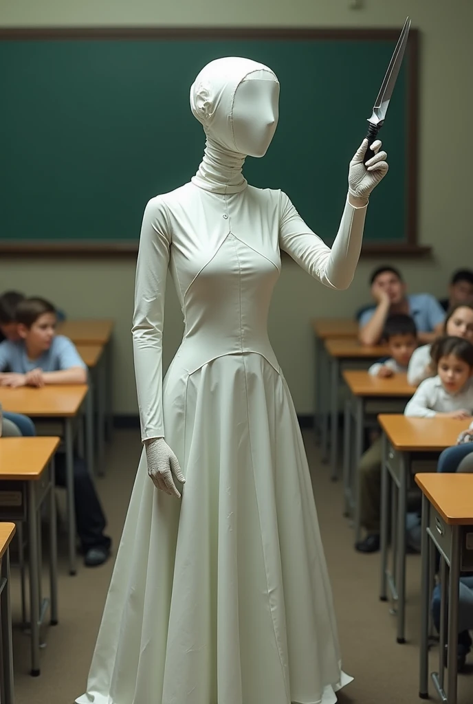 Miss Blomie made of paper, a paper teacher who has a blade instead of an arm that kills students who get low grades but DOES NOT kill those who get high grades but for no reason at all when she kills them a day later they REVIVE a student who got low grades