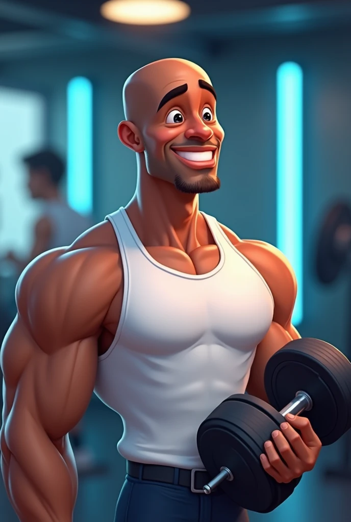 (logo coach) Lucio Pixar-style cartoon logo promoting logo Coach Lucio an 18-year-old bald brown skin color man smooth brown skin, and a bright, confident smile, wearing a crisp white tank top, holding dumbbells, gym background with subtle neon blue accents, evoking a sense of energy, strength, and motivation, toned physique