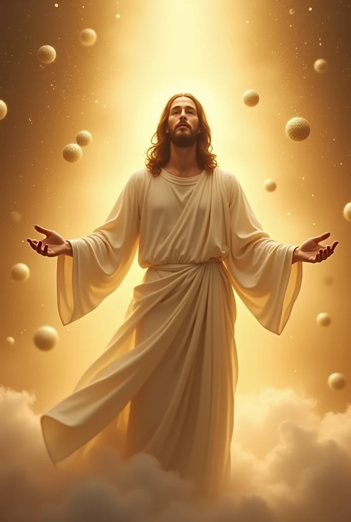 A beautiful image of Jesus wearing a white robe surrounded by a golden light with arms outstretched, small golden globes floating in the air as he looks directly into the camera a serene lookon hos face