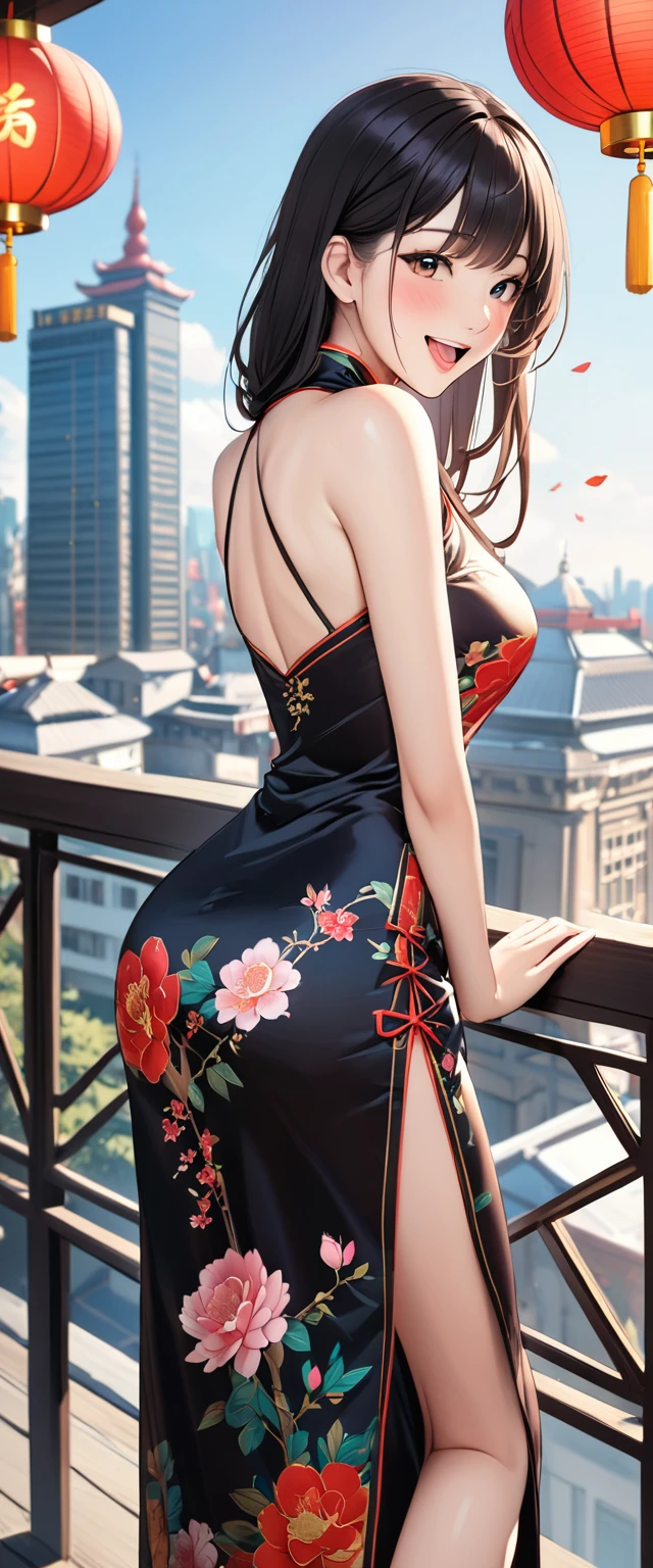 woman,20-year-old,city,(((Silk Chinese Dress))),,Laughing with your mouth open((Black Hair)),blush、,((Looking Back))()Reflecting the buttocks