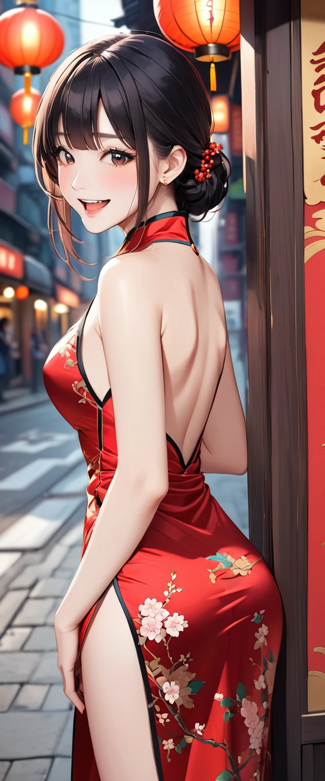 woman,20-year-old,city,(((Silk Chinese Dress))),,Laughing with your mouth open((Black Hair)),blush、,((Looking Back))()Reflecting the buttocks