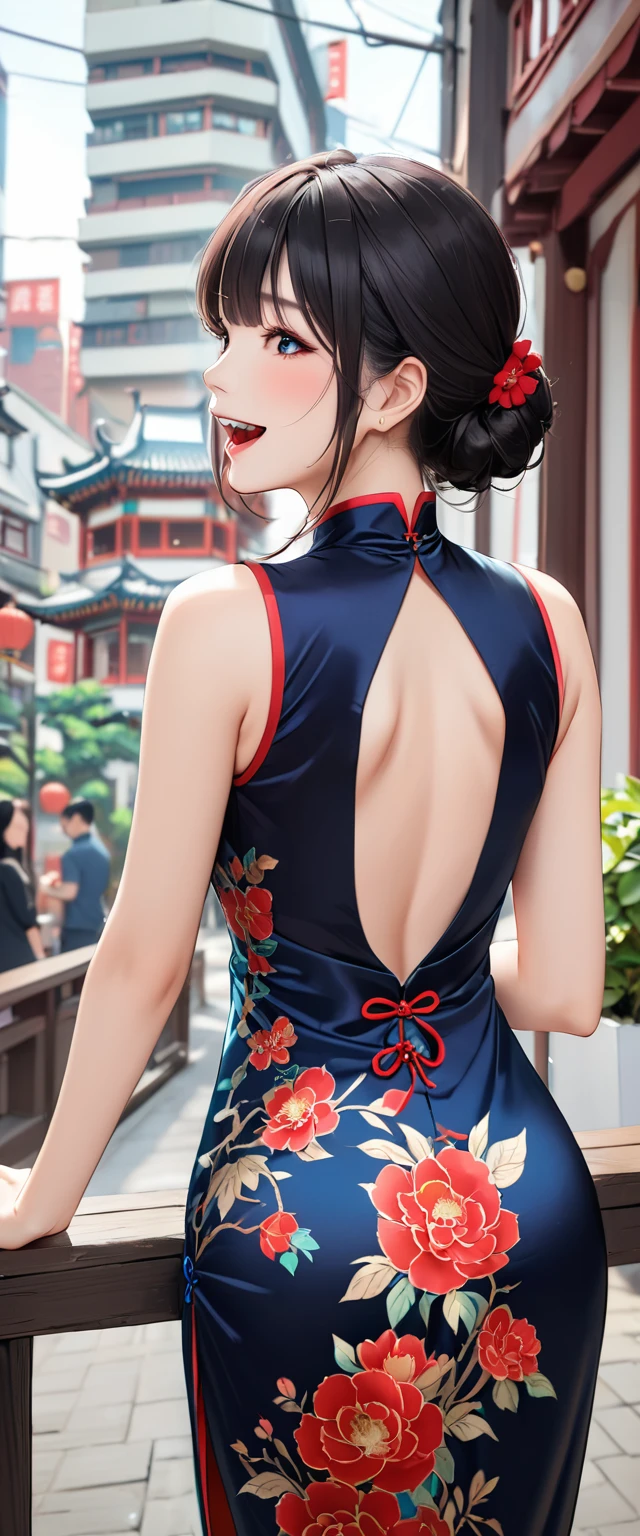 woman,20-year-old,city,(((Silk Chinese Dress))),,Laughing with your mouth open((Black Hair)),blush、,((Looking Back))()Reflecting the buttocks