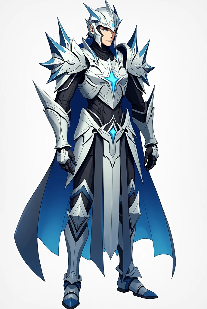 You can create a design similar to Naofumi Iwatani's armor from the anime The Rising of the Shield Hero but with white colors, cyan blue, and black