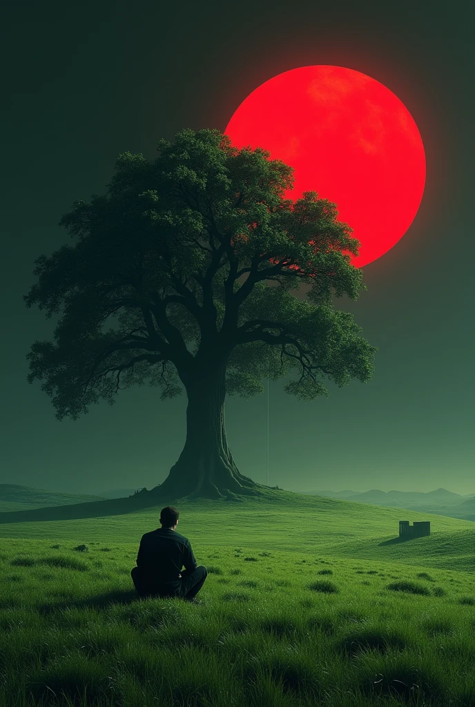 a green field, shining black sky, red sun,a man sitting under a big tree shadow.
