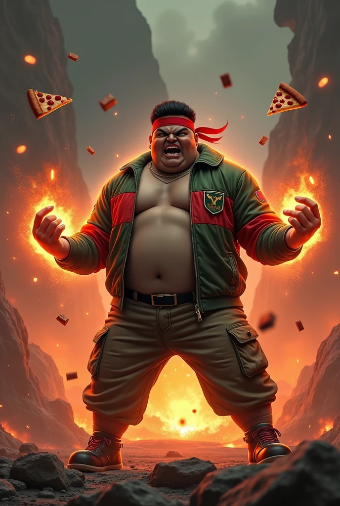 a man real age 20 year old bangladesh, nepal (fat body. belly fat chubby body type.) sharp eyes. chubby face. dark skin. man . Anger face. Open mouth. wear headband red whitr. . wearing an (green red stripe jacket) future shirt . anger faces, short hairstyle . Dramatic.. stand on lava ,( camouflauge green)cargo pant,, detailed face, cinematic lighting, dramatic atmosphere,.hot day. vibrant colors, 8k, high quality, photorealistic. Hero suit.. hand light green power dark power from his hand.((Glowing magic element magic elment from hand,),army green logo design on pant . Very strong. Future design dress. Very epic. Very hot background.. dark sky. Very strong . . Flying floating pizza, candy. chocolate bar everywhere..Shadow power from hand Floating small rock everywhere.have a power turn anything to the food.