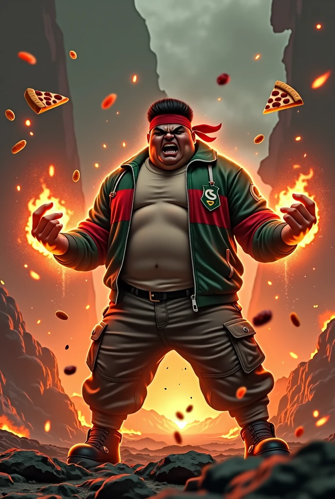 a man real teenage 20 year old bangladesh, nepal (fat body. belly fat chubby body type.) sharp eyes. chubby face. dark skin. man . Anger face. Open mouth. wear headband red whitr. . wearing an (green red stripe jacket) future shirt . anger faces, short hairstyle . Dramatic.. stand on lava ,( camouflauge green)cargo pant,, detailed face, cinematic lighting, dramatic atmosphere,.hot day. vibrant colors, 8k, high quality, photorealistic. Hero suit.. hand light green power dark power from his hand.((Glowing magic element magic elment from hand,),army green logo design on pant . Very strong. Future design dress. Very epic. Very hot background.. dark sky. Very strong . . Flying floating pizza, candy. chocolate bar everywhere..Shadow power from hand Floating small rock everywhere.have a power turn anything to the food.

