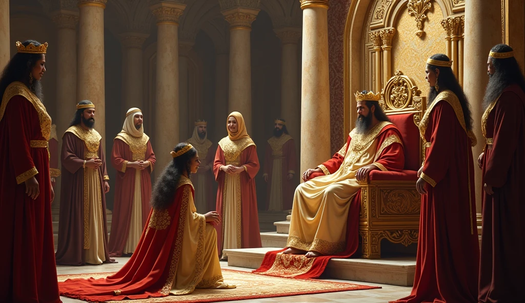 An image showing the Queen of Sheba, dressed in royal robes adorned with gold and jewels, kneeling in reverence before the throne of King Solomon. Solomon is shown with a serene and wise expression, surrounded by his advisors in a grand throne room filled with marble columns and richly decorated tapestries.
