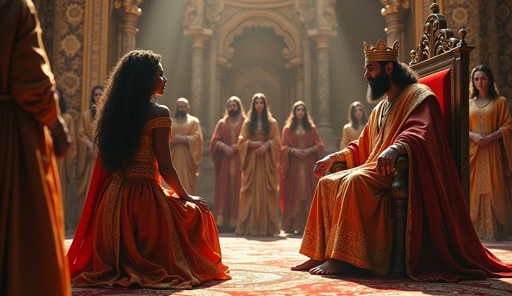 An image showing the Queen of Sheba, dressed in royal robes adorned with gold and jewels, kneeling in reverence before the throne of King Solomon. Solomon is shown with a serene and wise expression, surrounded by his advisors in a grand throne room filled with marble columns and richly decorated tapestries.