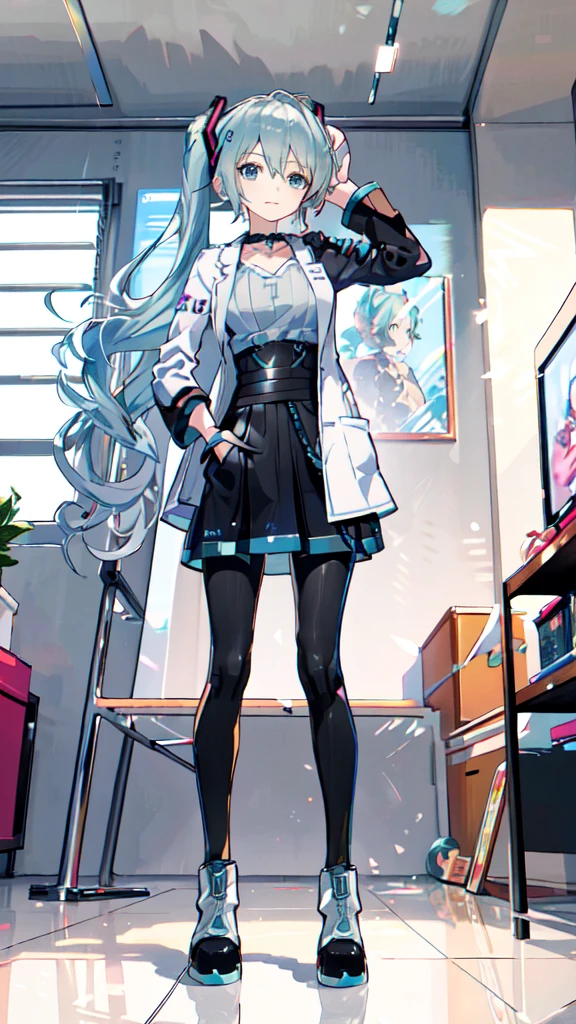 masterpiece,colorful,The best quality at its best,solo,One person,boots,Green Eyes,High resolution,View your viewers,Stand on your own two feet,White coat,(uniform:1.3),Put your hands in your pockets, 長い青い髪と白いシャツと黒いスカートを着たAnime, hatsune miku, Portrait of hatsune miku, hatsune miku short hair, Vocaloid, Hatsune Miku portrait, friend, Mikudayo, 青緑色の髪のAnime, hatsune miku cosplay, Hatsune Miku's Face, Animeスタイル4 K, Anime, 魅力的なAnime