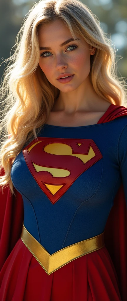 A SEXY TEEN FEMALE WITH (GIGANTIC BREASTS:6.8,) DREAMY BLUE EYES AND MEDIUM MESSY GOLDEN BLONDE HAIR WEARING A CLASSIC WHITE LONG-SLEEVED CROP=TOP SUPERGIRL COSTUME, A SHORT BLUE PLEATED SKIRT WITH A YELLOW SUPERGIRL BELT, RED HIGH HEELED SUPERGIRL BOOTS, AND SHORT RED SUPERGIRL CAPE WITH YELLOW TRIM. INCREDIBLY DETAILED SKIN, INCREDIBLEY DETAILED FACE, INCREDIDBLEY DETAILED CLOTHING, TEXTURED SKIN PORES, TEXTURED HAIR, 8K ABSURD RESOLUTION, MASTERPIECE.