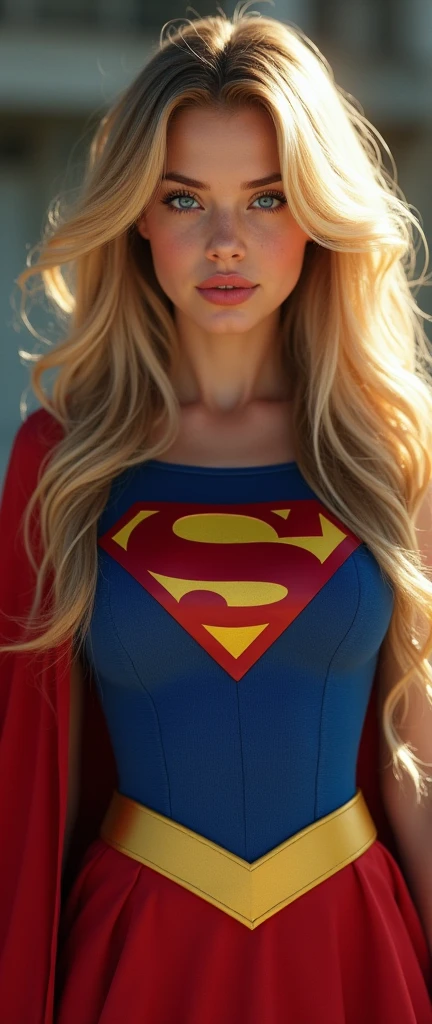 A SEXY FEMALE WITH (GIGANTIC BREASTS:6.8,) DREAMY BLUE EYES AND MEDIUM MESSY GOLDEN BLONDE HAIR WEARING A CLASSIC WHITE LONG-SLEEVED CROP=TOP SUPERGIRL COSTUME, A SHORT BLUE PLEATED SKIRT WITH A YELLOW SUPERGIRL BELT, RED HIGH HEELED SUPERGIRL BOOTS, AND SHORT RED SUPERGIRL CAPE WITH YELLOW TRIM. INCREDIBLY DETAILED SKIN, INCREDIBLEY DETAILED FACE, INCREDIDBLEY DETAILED CLOTHING, TEXTURED SKIN PORES, TEXTURED HAIR, 8K ABSURD RESOLUTION, MASTERPIECE.