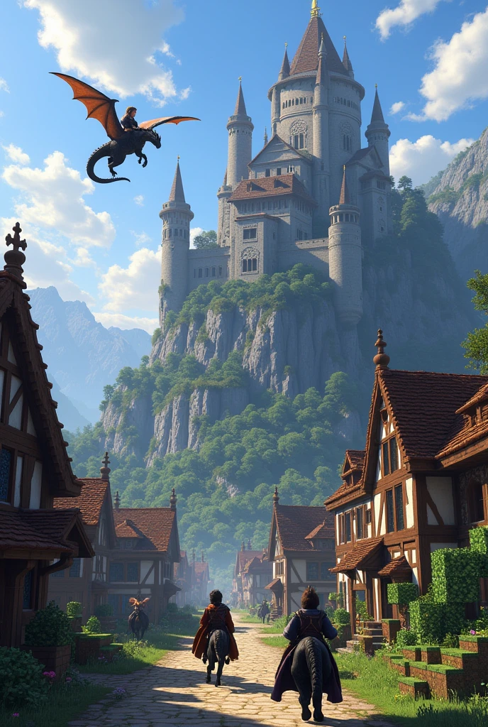 A group of players in a medieval village in a world with dragons as their currency and many other mythological creatures in minecraft in an epic adventure with an epic castle on the mountain with dragons surrounded by players riding dragons