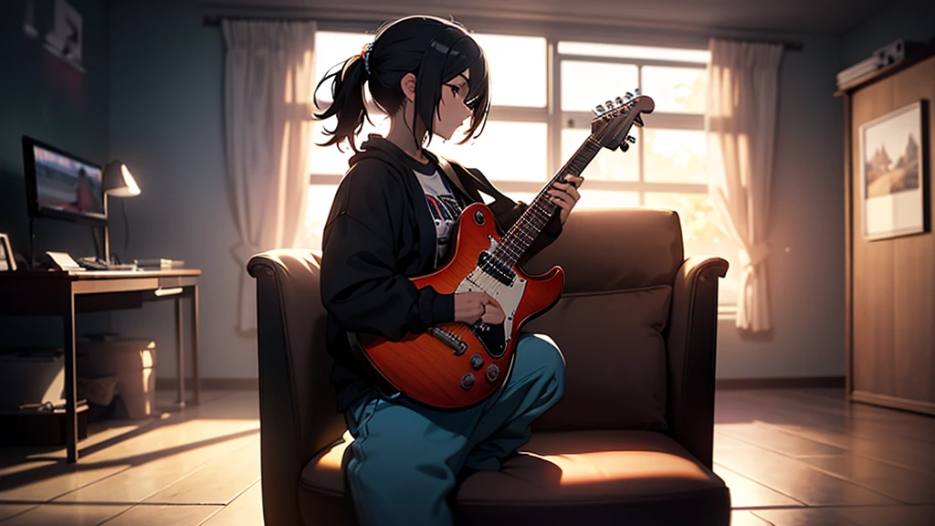 a girl playing electric guitar on chair,anime style,punk style clothes,youthful wide pants,profile position,in her room,silhouette,best quality,4k,8k,highres,masterpiece:1.2,ultra-detailed,realistic,photorealistic,photo-realistic:1.37,HDR,UHD,studio lighting,ultra-fine painting,sharp focus,physically-based rendering,extreme detail description,professional,vivid colors,bokeh