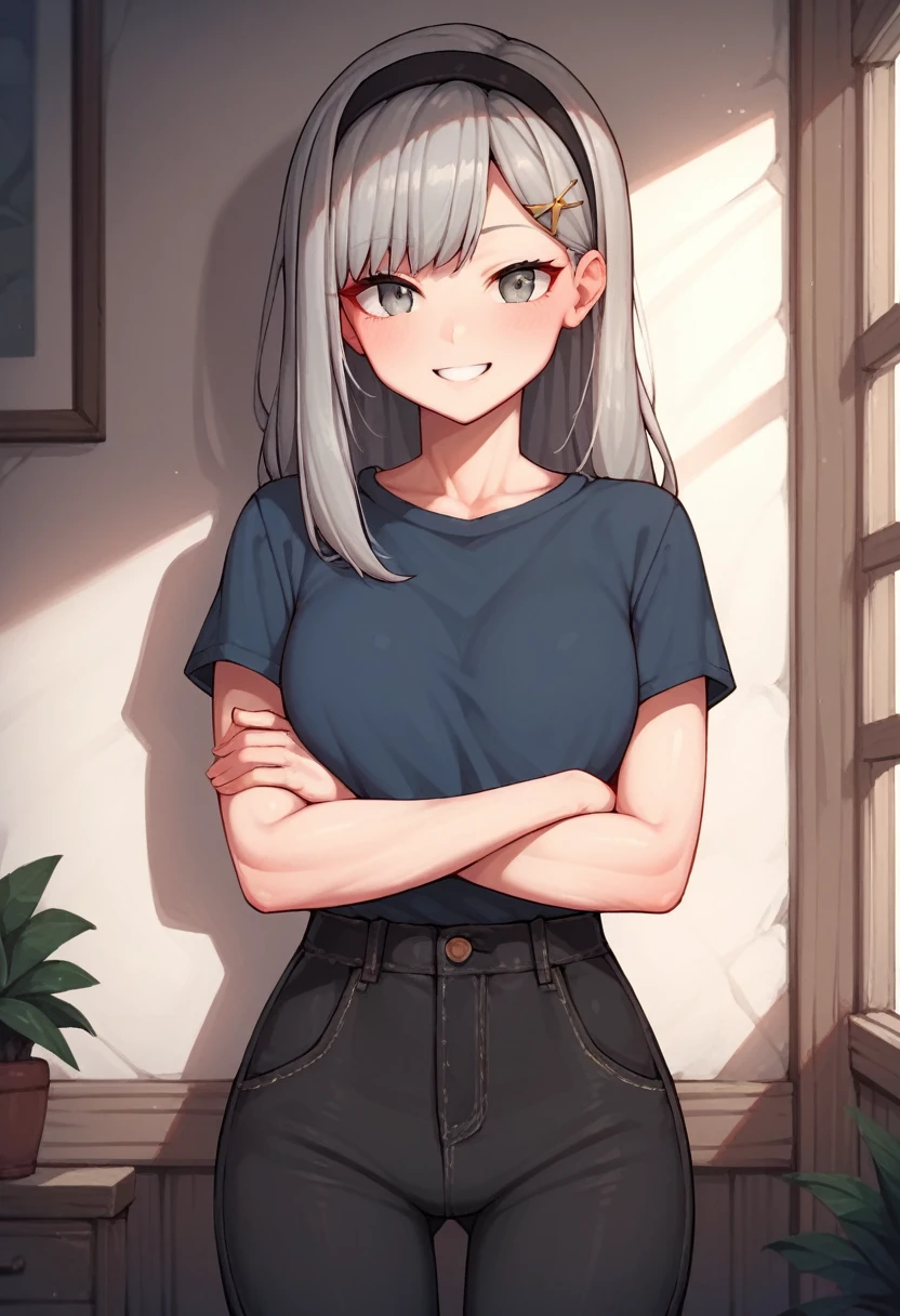 score_9, score_8_up, score_7_up, score_6_up, score_5_up, score_4_up, source_anime, 1girl,shenhedef, lower body, worth, smile, gray hair, hairband, hairpins, gray eyes, long hair, dark blue shirt, black pants, crossed arms, wall, room, looking at the viewer, best quality, best res, 4K UHD,
