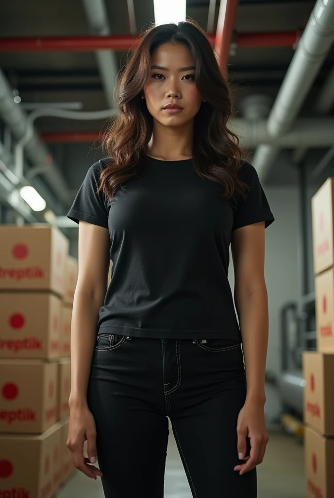 A full-body portrait shot of a Japanese woman with a muscular build and a slightly fat yet toned side, standing confidently in a bunker-like basement. She is wearing a black half-sleeve round-neck t-shirt, as dark as Vantablack, emphasizing her strong arms and medium-to-large breasts. Her belly has visible muscle definition along with some fat. She pairs the t-shirt with tight black denim jeans. The camera angle is from the bottom up, capturing her entire body as if the shot was taken from her shoes, focusing on her as she folds her arms. She looks straight ahead with a cool, unwavering expression. Her dark brown, silky, and wavy hair flows freely in the breeze. The background is an industrial bunker setting with gas pipes in the upper left and right corners, leaking gases. The lower left and right corners are clean but stacked with boxes labeled "TREPTIK" in red letters.