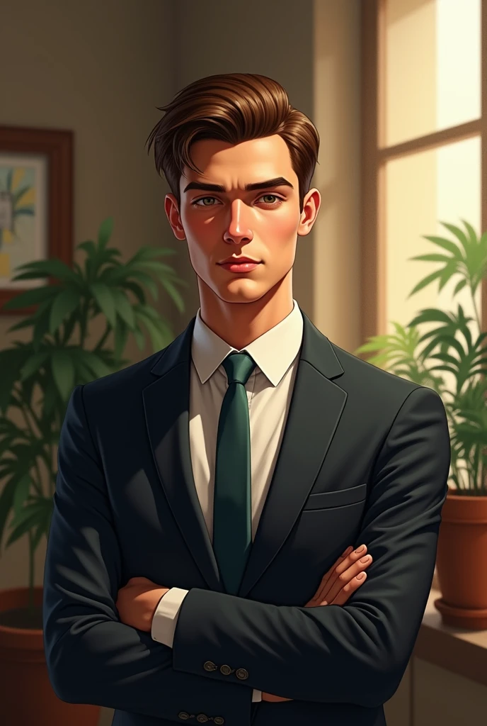 21year boy, wearing formal blazer with tie, smooth brown hair, indoors, soft lighting, plants in background, window with sunlight, cozy room, professional pose, realistic, intricate details, warm colors, by Greg Rutkowski, by Alphonse Mucha