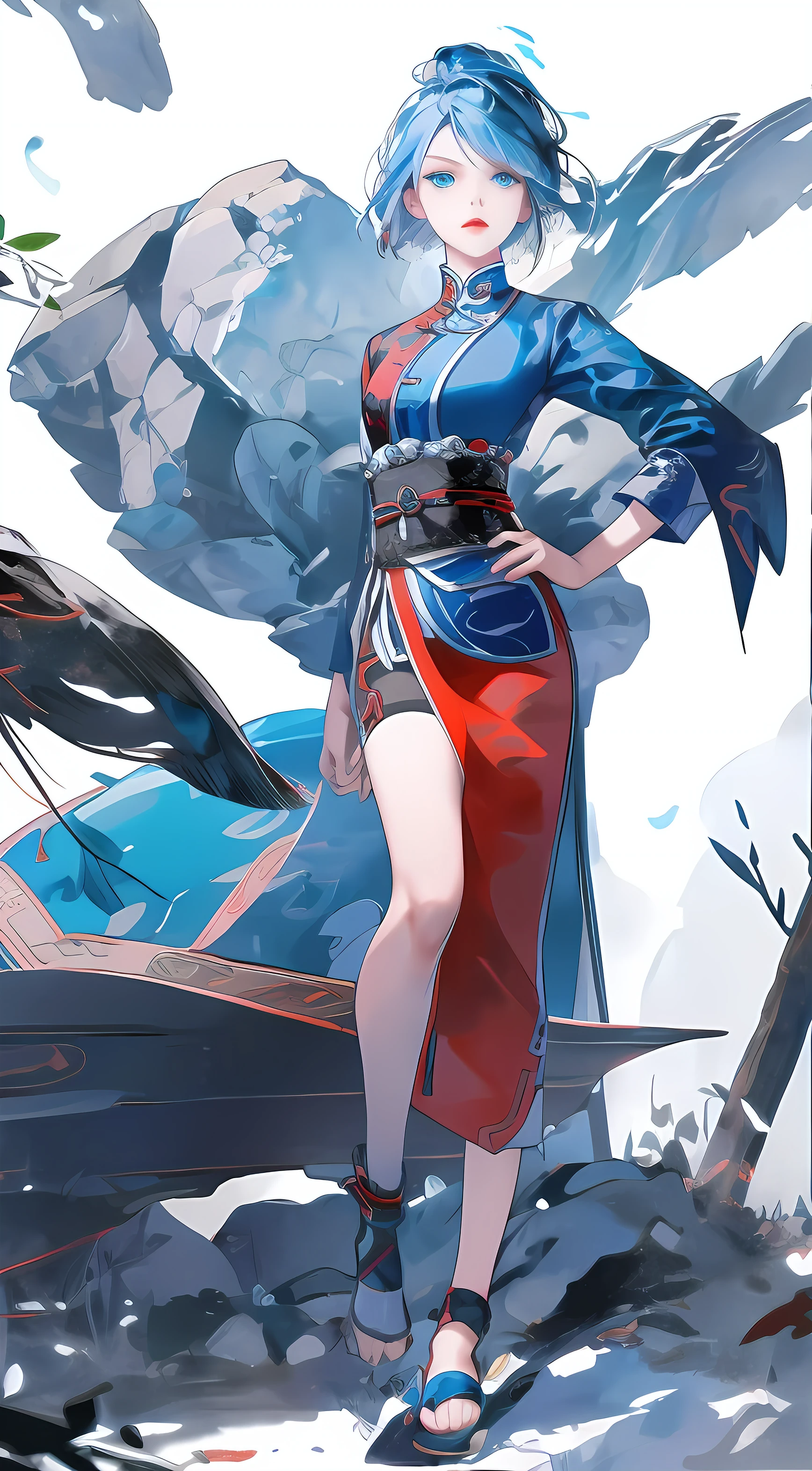 Masterpiece, Best quality, 1 Ji Ruxue, the expression is cold, strong, blue eyes, short hair, wolfcut hairstyle, smoky mix blue color hair, resolute eyes, red lips, simple Taoist Taoist uniform, Chinese mix morden, frontal photo, black or white background, simple background, anime, illustration, Chinese style short-sleeved shirt, cool girl, Ji Ru Xue, Fullbody, blank background , full HD, full body, leggy, standing position, simple background