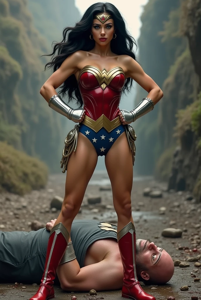 A toned athlete, muscular, blue eyes, black hair Wonder Woman in Wonder Woman’s tiara, red and gold bustier, blue leotard with white stars, ((silver wrist gauntlet:1.2)), ((Red knee high boots:1.2)), golden belt with athletic and muscular body standing with hands on hips, fat muscular bald man wearing grey suits laying on the ground unconscious covered in blood with tattered costumes. (perfect anatomy), (masterpiece:1.2), (best quality:1.2), intricate details, Muted Tone, Delicate, Detail, sharp focus, perfect hands, perfect face, perfect eyes, perfect light, dynamic light, natural light