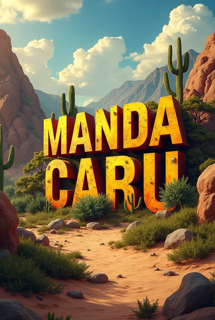 I want a 16x9 image that has the name MANDACARU highlighted and that has elements that refer to that name., like the mandacaru and things from the northeastern hinterland