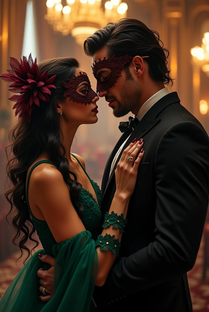 - A couple at a masquerade ball.
- The woman has wine-colored, almost black hair, dark shaped eyes, has a nice body, not too thin or too fat,loose hair with waves.wine nails and wears a dark emerald green dress with a black mask with lace.
- The man is tall, brawny, most marked face, with dark hair, blue eyes and wears a black suit with a wine colored mask.
- The scene must show them full body, looking at yourself, with the man presenting a darker aspect.

Wine-colored hair that is almost black and he doesn&#39;t have a beard , She is not too skinny nor too fat, it&#39;s standard. 