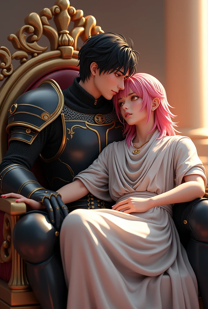 3D anime style image of a 25 year old boy, with a muscular and sexy body, with black hair and red eyes dressed in tight and light black knight's clothing sitting on a throne and a young boy of 20 years old, thin body, with pink hair and yellow eyes with white Egyptian emperor clothes sitting on the legs of the black-haired man