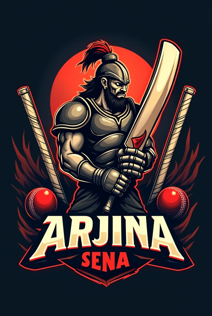 Create cricket team logo where team name is “Arjun Sena” using cricket equipment 