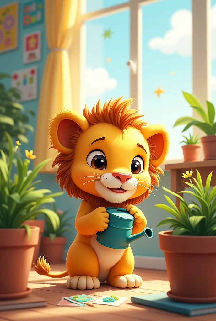 Baby lion with watering can called plants in school class gezwichnet childish more drawn
