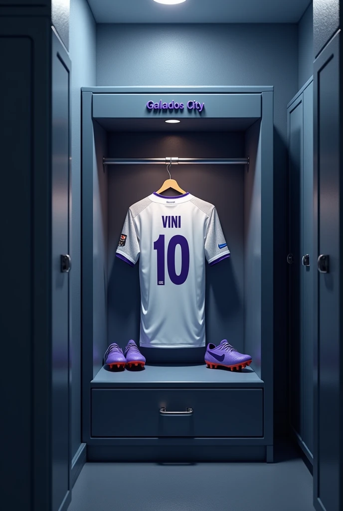 football locker room with a football player&#39;s cabin ( There should be no person in the image) In this cabin there will be a white shirt with purple details on the collar and sleeve. The shirt must be showing the back with the name VINI highlighted and the shirt number must be number 10., must have a pair of nike tiempo 9 cleats , the cabin at the top must contain the name of the club which is GALADOS CITY 